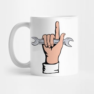 Hand Holding Spanner and Pointing Up Retro Mug